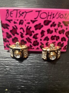 Betsey Johnson Gold and Black Camera Stud Earrings with Clear Crystals